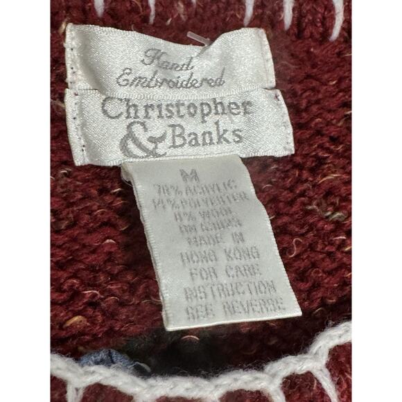 VTG Christopher Banks Med Red Hand Embroidered Christmas Snowman Nature Sweater - Picture 2 of 13